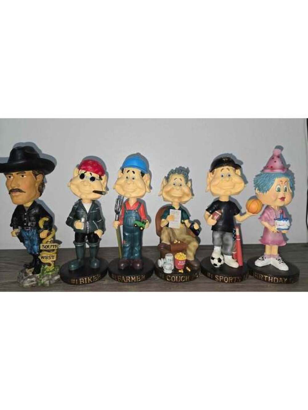 Set 6 Bobble heads #1 Biker #1 Farmer #1 Couch Potato #1 Sports Fan #1 Birth